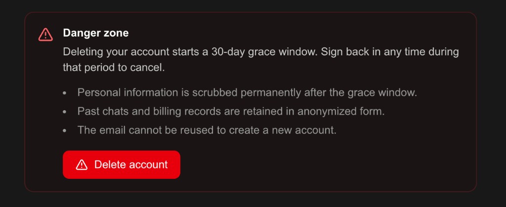 Danger zone in Neo Settings: 30-day grace window, what is removed, and the Delete account button